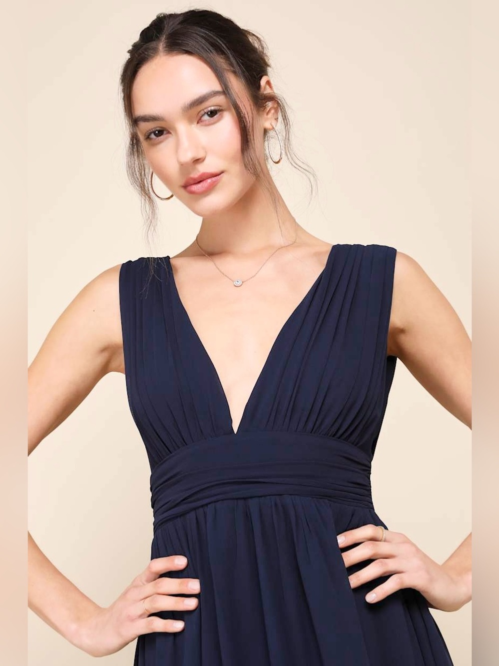 LULUS Navy Chiffon Plunge Neck Princesscore Wedding Guest Formal Goddess Gown S - Picture 9 of 12